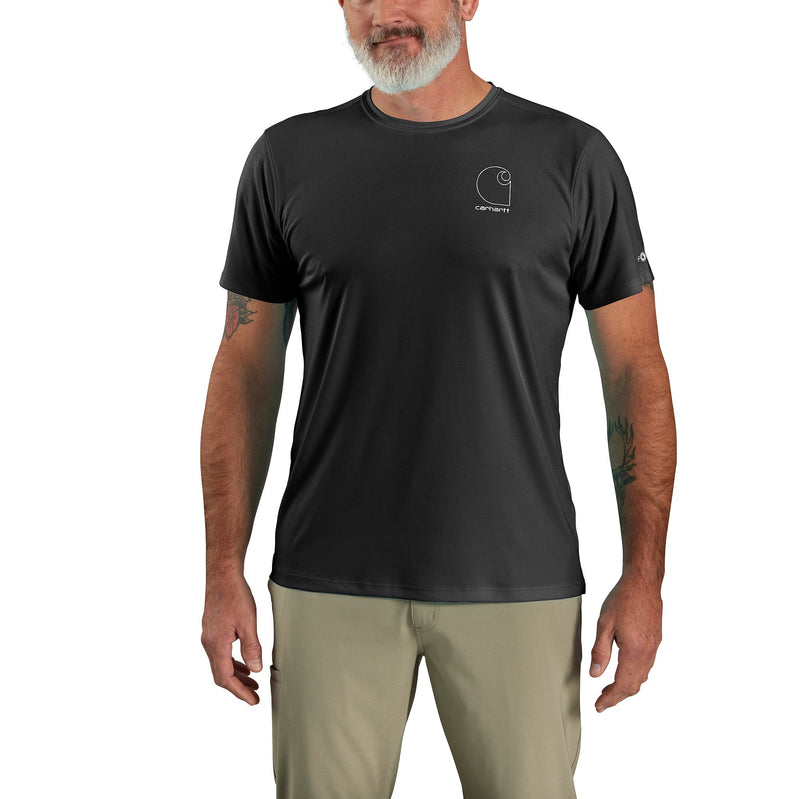 Load image into Gallery viewer, Man wearing a black t-shirt with a carhartt logo on a white background
