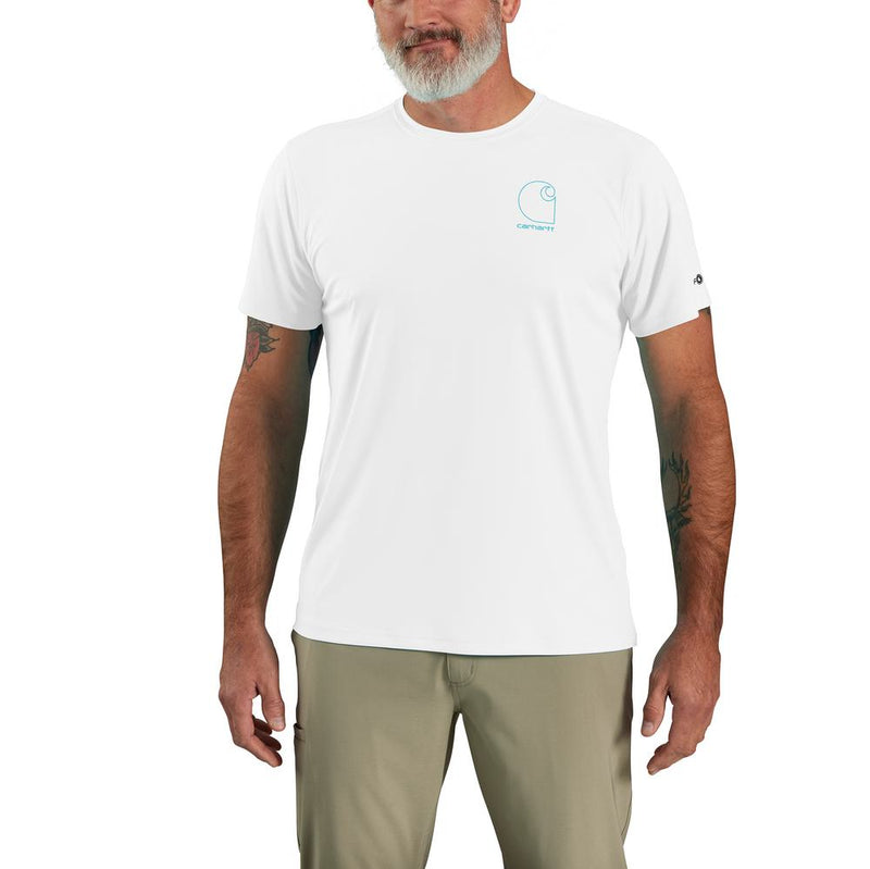 Load image into Gallery viewer, Man wearing a white t-shirt with a blue logo on a white background
