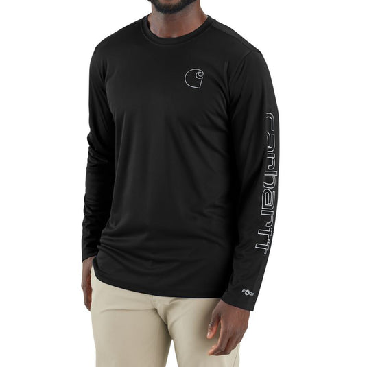 Man wearing a black long-sleeve shirt with Carhartt logo on the left chest area and Carhartt spelled out on the left arm sleeve on a white background