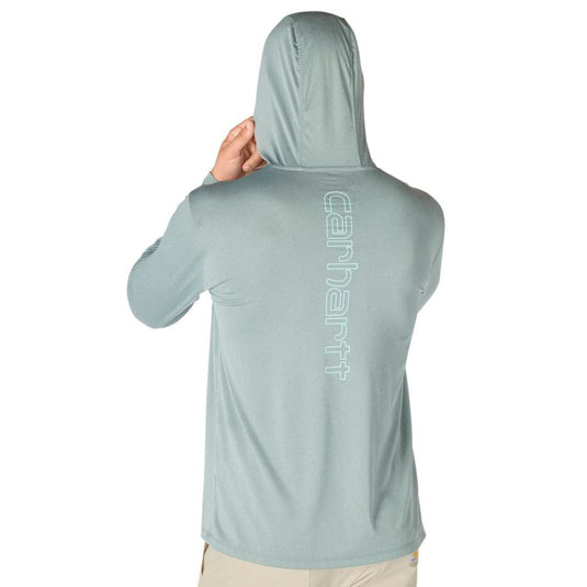 Green slate Heather long-sleeve hooded tee with hoodie on and with Carhartt logo spelled out vertically on the back on a white background