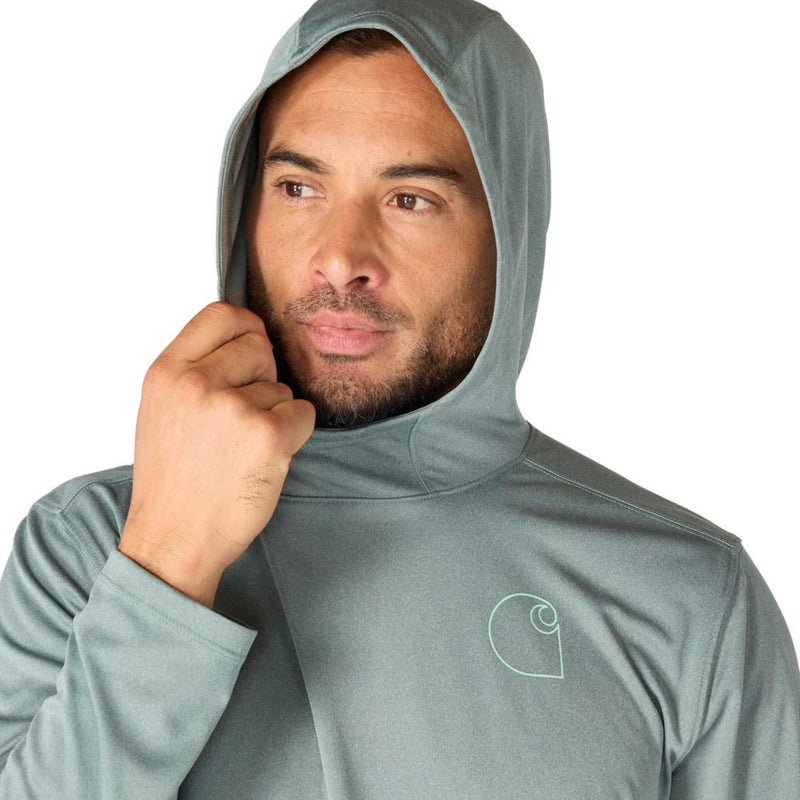 Load image into Gallery viewer, Man wearing a green slate heather long-sleeve hooded tee with hoodie on  with a Carhartt brand logo on the left chest area on a white background
