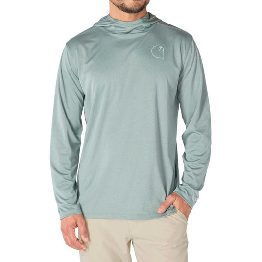 Man wearing a green slate heather long-sleeve hooded shirt with a Carhartt brand logo on the left chest area on a white background