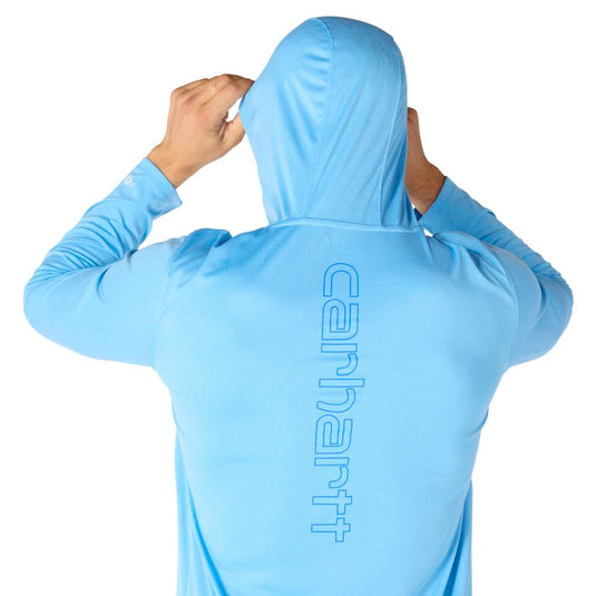 Light blue long-sleeve hooded tee with hoodie on with Carhartt spelled out vertically on the back, worn by a male