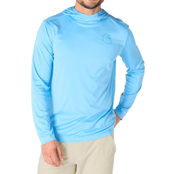 Load image into Gallery viewer, Man wearing a light blue hooded long-sleeve shirt with a Carhartt logo on the left chest on a white background
