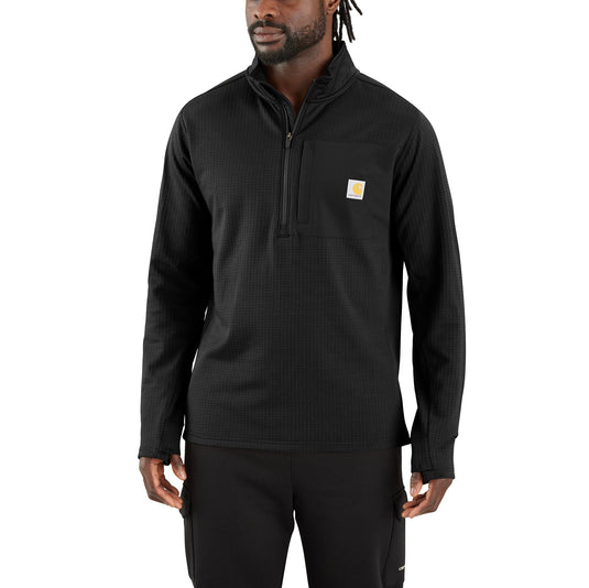 A man wearing a black Carhartt quarter-zip pullover with a small yellow and white Carhartt logo on the left chest, paired with black pants, against a plain white background.