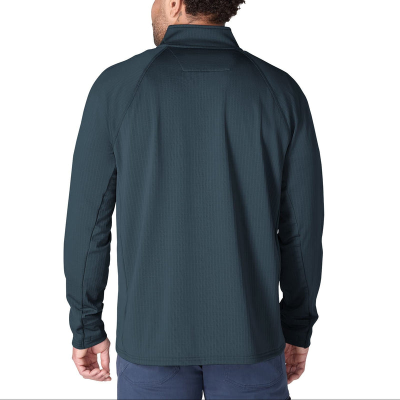 Load image into Gallery viewer, A man viewed from the back wearing a dark teal ribbed quarter-zip pullover jacket and blue pants, set against a plain white background.
