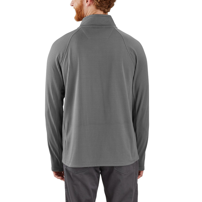 Load image into Gallery viewer, A man viewed from the back wearing a gray long-sleeve quarter-zip athletic pullover and dark gray pants, set against a plain white background.
