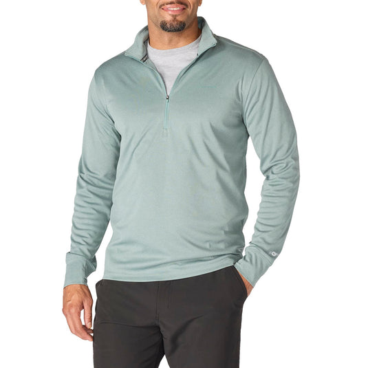 Man wearing a green slate long-sleeve pullover quarter zip with "carhartt" spelt out on a white background