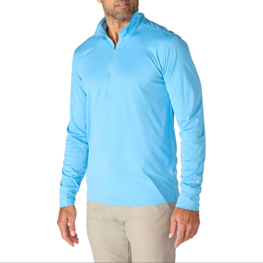 Man wearing a tranquil blue quarter zip long-sleeve shirt with "Carhartt" spelt out on the left chest area on a white background