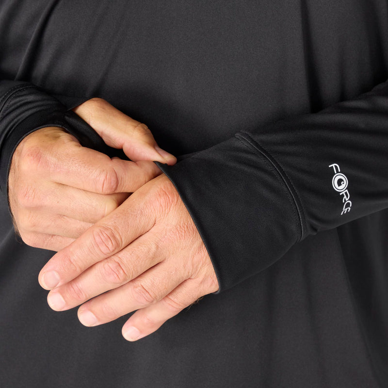 Load image into Gallery viewer, Close-up of a person wearing a black quarter zip long-sleeve shirt with a Carhartt Force brand logo on the end of left sleeve featuring thumb holes on each sleeve
