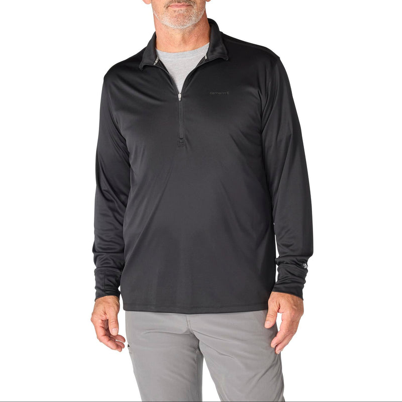 Load image into Gallery viewer, Man wearing a black long-sleeve quarter zip shirt with a zipper and "carhartt" spelt out on the left chest area in black on a white background
