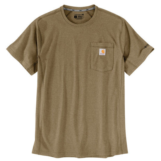 A short-sleeve crewneck t-shirt in heathered khaki brown, featuring a chest pocket with a small Carhartt logo patch on the left chest, displayed on a clean white background.