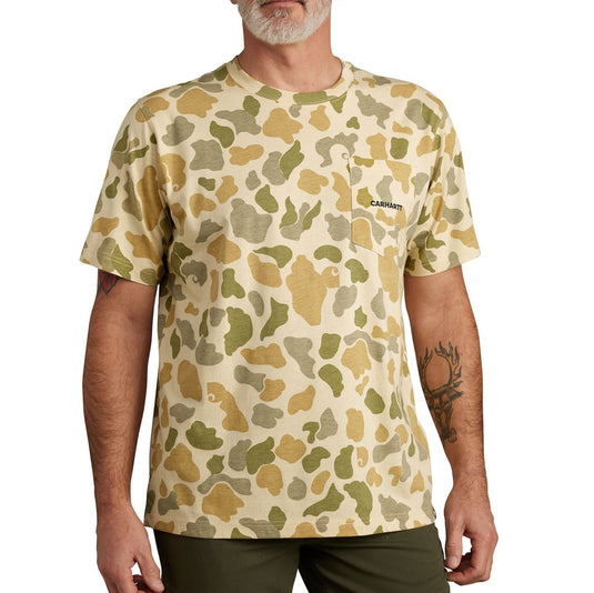 Man wearing a beige Carhartt t-shirt with a camouflage pattern on a white background