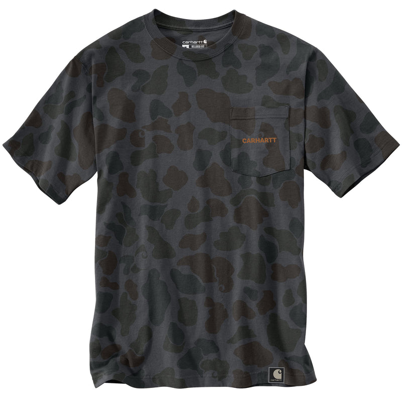 Load image into Gallery viewer, Brown and black Carhartt camo t-shirt with a pocket on a white background
