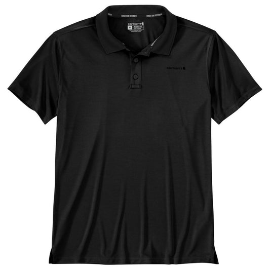 Black polo shirt with a Carhartt logo on a white background