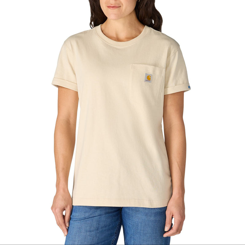 Load image into Gallery viewer, Woman wearing a beige t-shirt with a Carhartt logo on a white background
