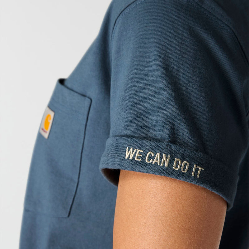 Load image into Gallery viewer, Blue t-shirt with 'WE CAN DO IT' text and Carhartt logo on sleeve against a light gray background
