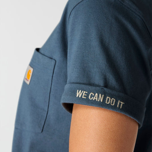 Blue t-shirt with 'WE CAN DO IT' text and Carhartt logo on sleeve against a light gray background
