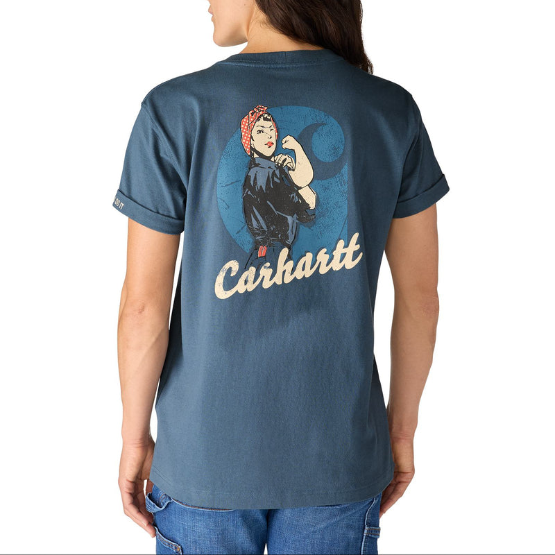 Load image into Gallery viewer, Person wearing a blue t-shirt with a graphic design and 'Carhartt' branding on the back.
