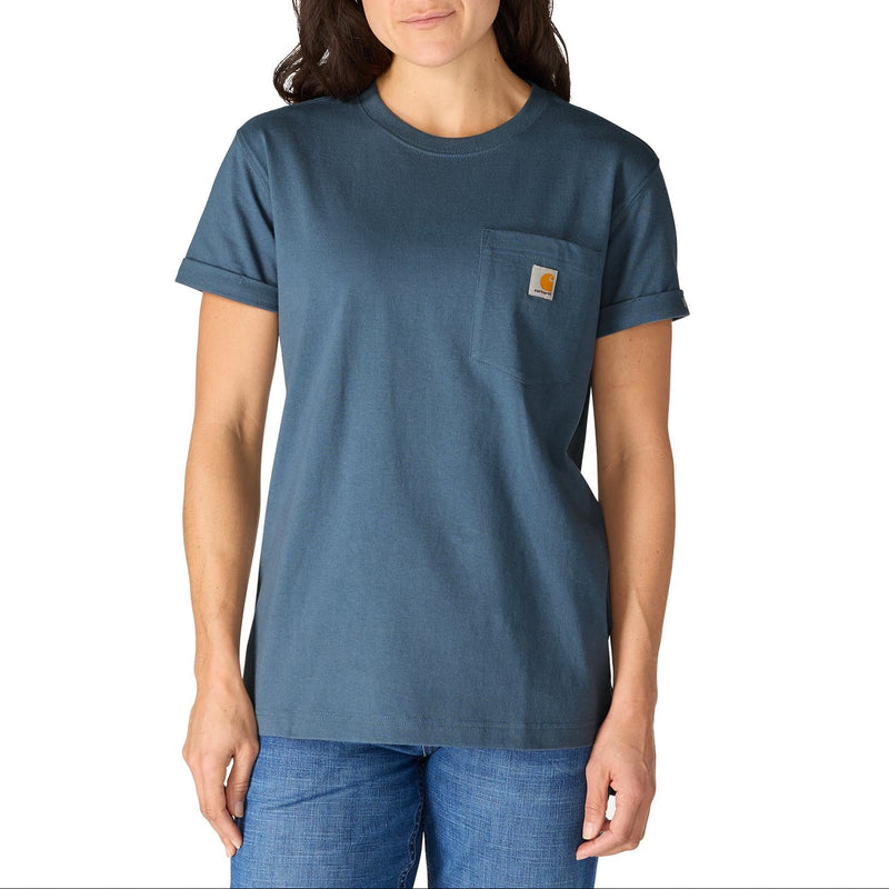 Load image into Gallery viewer, Woman wearing a blue t-shirt with a visible brand logo on a white background
