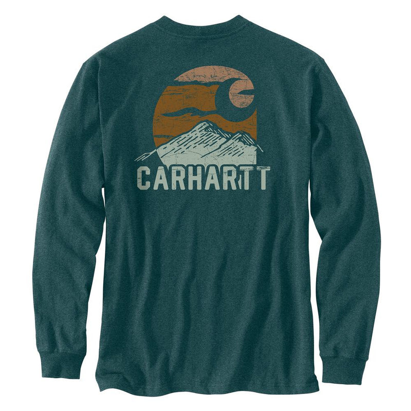 Load image into Gallery viewer, Green long-sleeve shirt with Carhartt logo and mountain design on a white background
