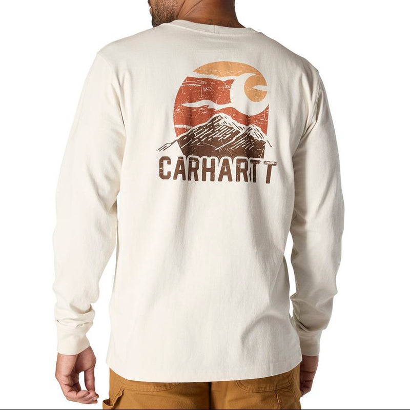 Load image into Gallery viewer, Man wearing a Malt/Beige Carhartt long-sleeve shirt with a mountain graphic on a white background
