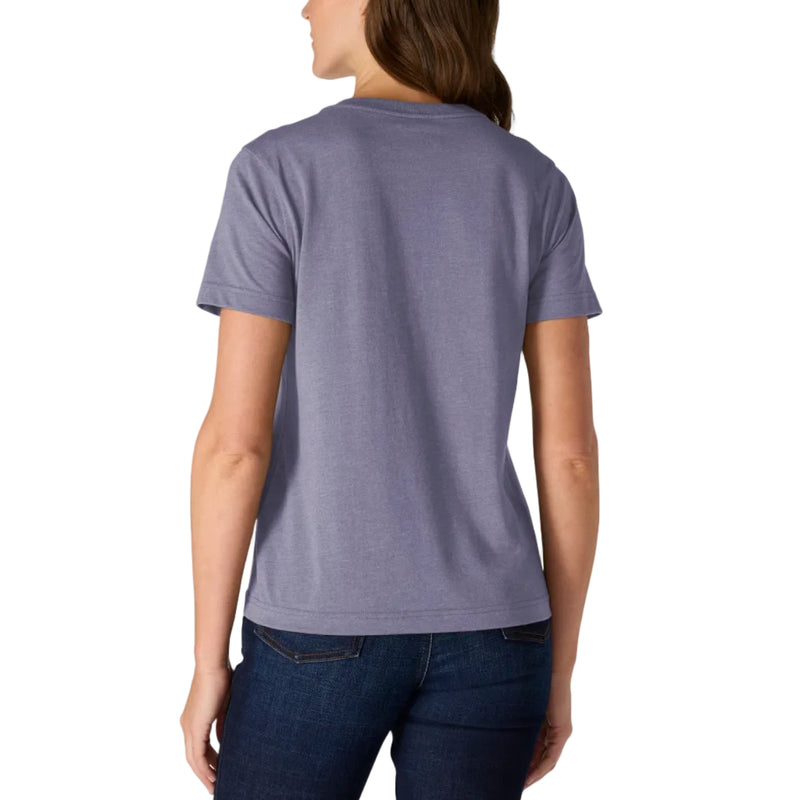 Load image into Gallery viewer, A woman viewed from the back wearing a heathered periwinkle blue short-sleeve t-shirt and dark blue jeans, set against a plain white background.
