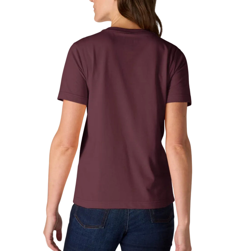 Load image into Gallery viewer, A woman shown from the back wearing a short-sleeve crewneck t-shirt in a dark plum or burgundy shade, paired with dark blue jeans, against a plain white background.
