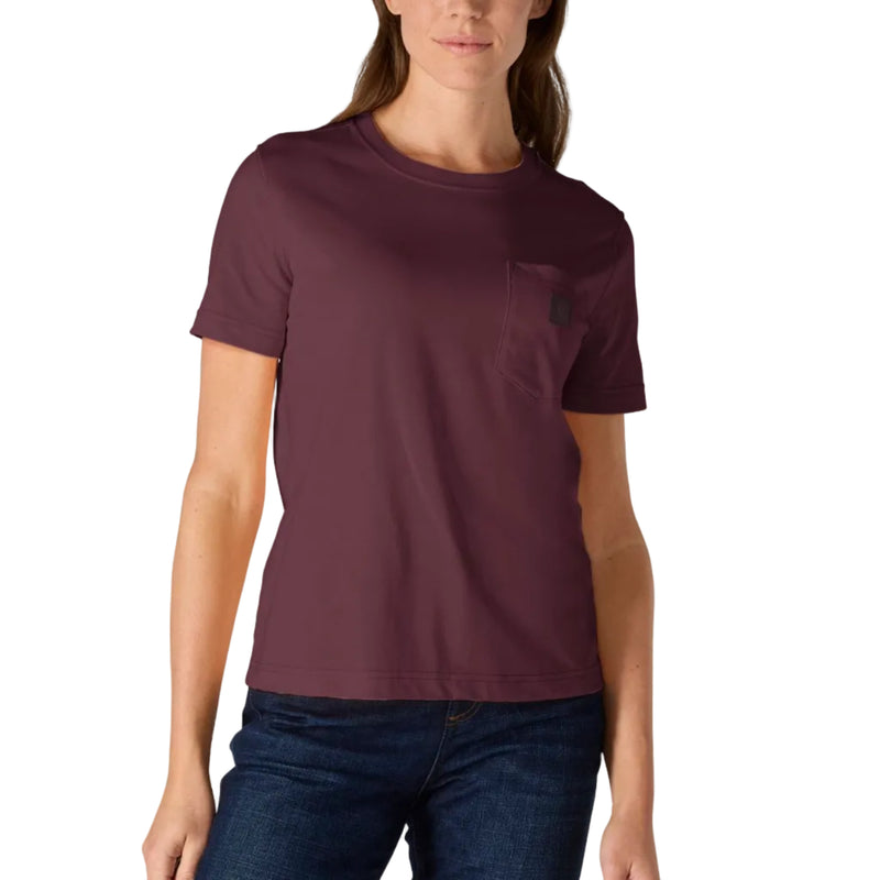 Load image into Gallery viewer, A woman modeling a short-sleeve crewneck t-shirt in a deep plum purple color, featuring a single chest pocket on the left side, paired with dark blue jeans against a solid white background.
