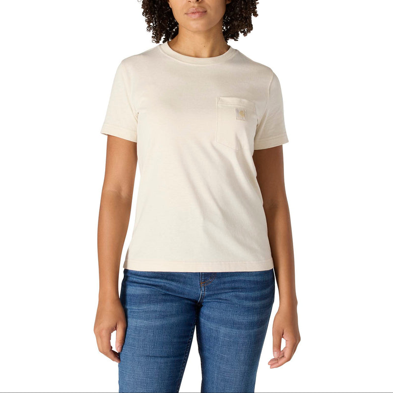 Load image into Gallery viewer, A woman with curly dark hair wearing a cream-colored short-sleeve crewneck t-shirt with a small chest pocket and blue jeans, standing against a solid white background.
