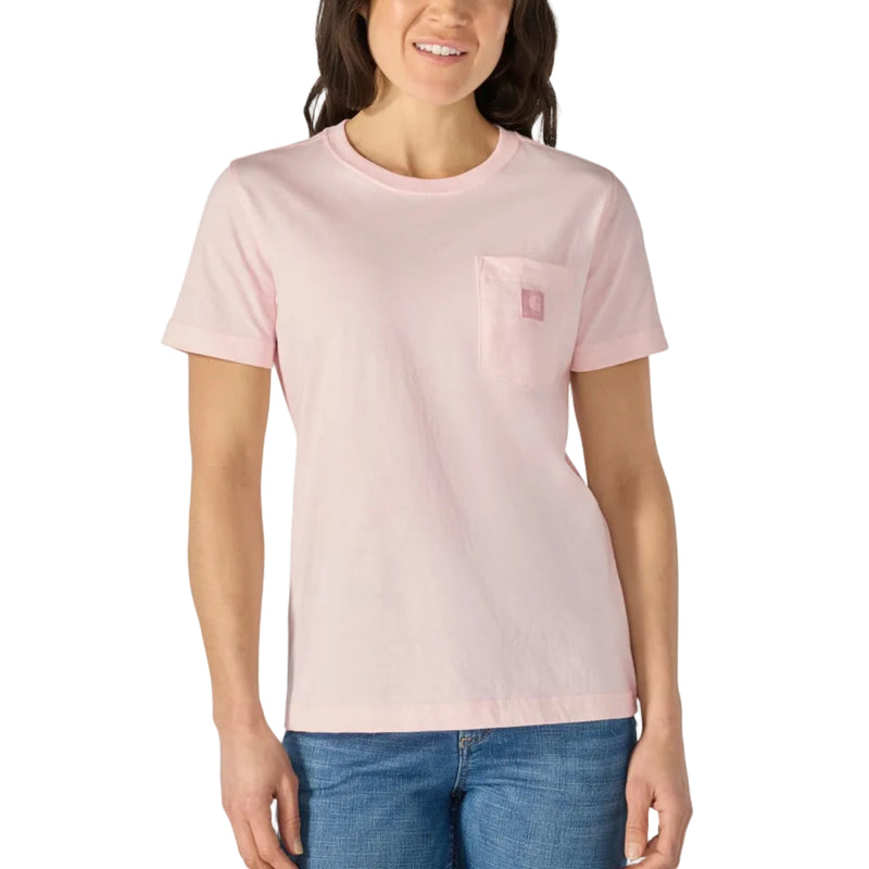 Load image into Gallery viewer, A woman modeling a light pink short-sleeve crewneck pocket t-shirt with blue jeans, shot against a solid white background.

