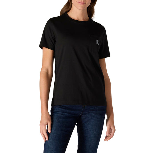 Woman wearing a black t-shirt with a logo on a white background
