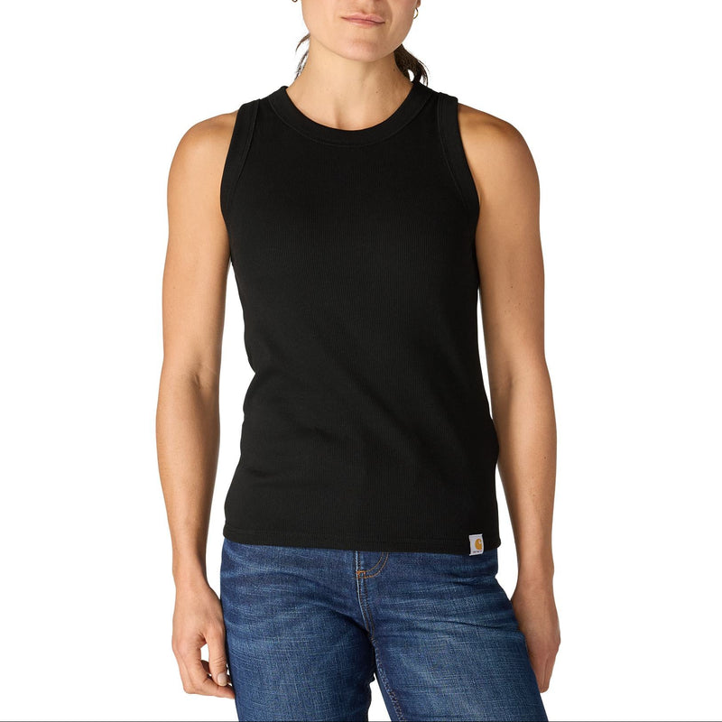 Load image into Gallery viewer, Woman wearing a black sleeveless tank top top and blue jeans on a white background
