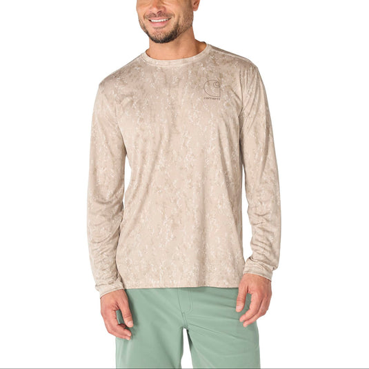 Man wearing a beige camo long-sleeve shirt and green pants on a white background