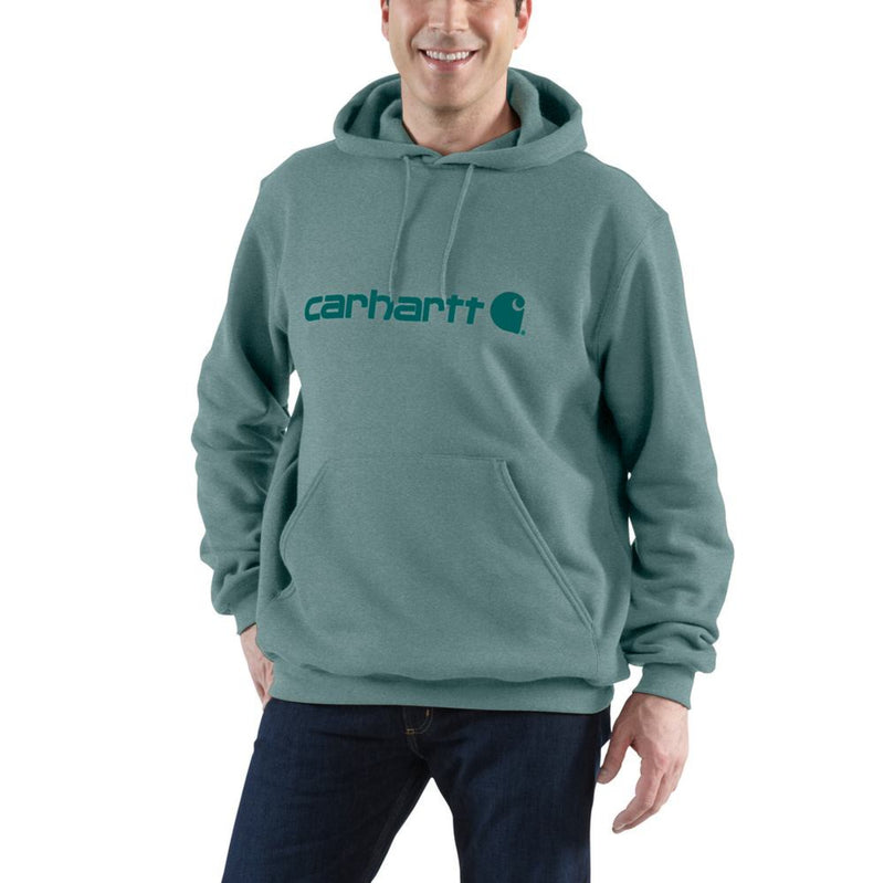 Load image into Gallery viewer, Sea green pullover hoodie with 'carhartt' and the logo printed across the chest on a white background. 
