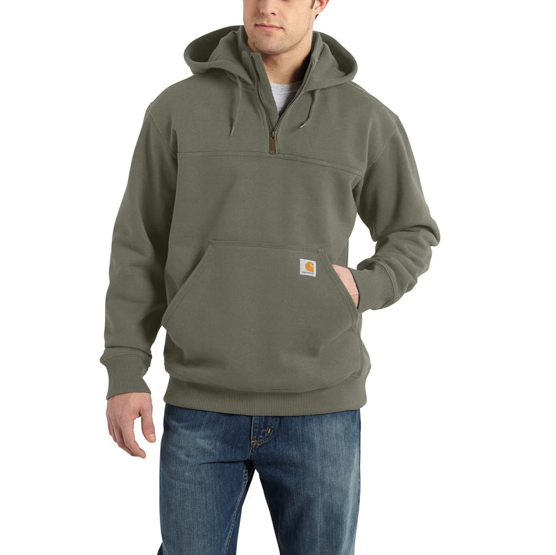 Load image into Gallery viewer, Olive Green quarter zip mock sweatshirt with a Carhartt patch on the top corner of the front kangaroo pocket. 

