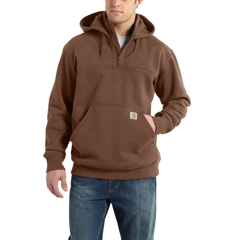 Load image into Gallery viewer, Dark Brown quarter zip mock sweatshirt with a Carhartt patch on the top corner of the front kangaroo pocket. 
