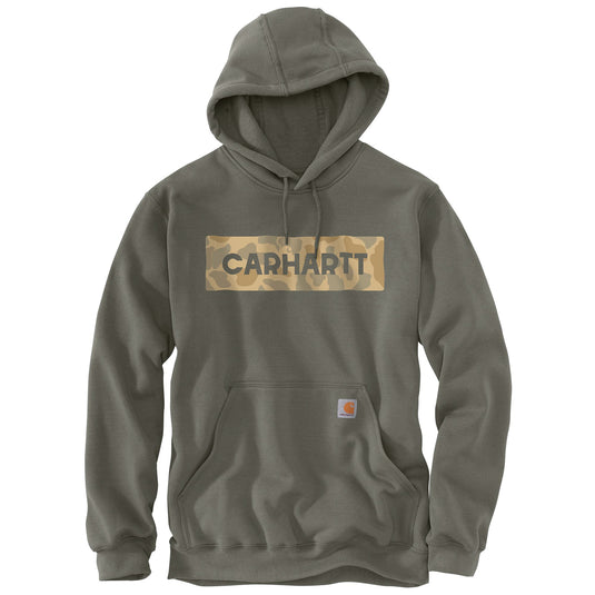 Olive green hoodie with a camouflage Carhartt logo on a white background