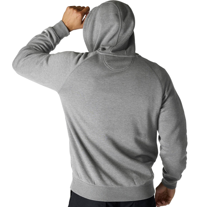 Load image into Gallery viewer, A person shown from the back wearing a heather gray pullover hoodie, with one hand touching the hood, against a plain white background.

