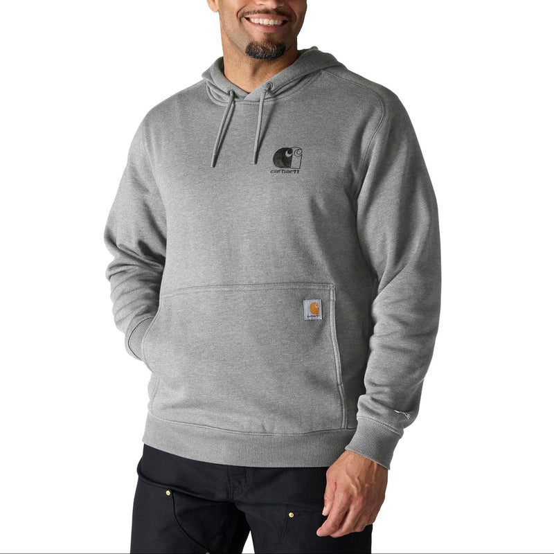 Load image into Gallery viewer, A man wearing a heather gray Carhartt hoodie with a drawstring hood and a front kangaroo pocket, shown against a plain white background.
