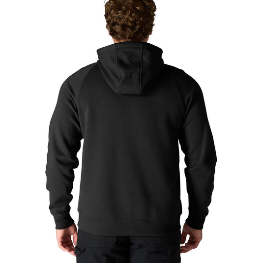 A man viewed from behind wearing a plain black pullover hoodie against a clean white background.