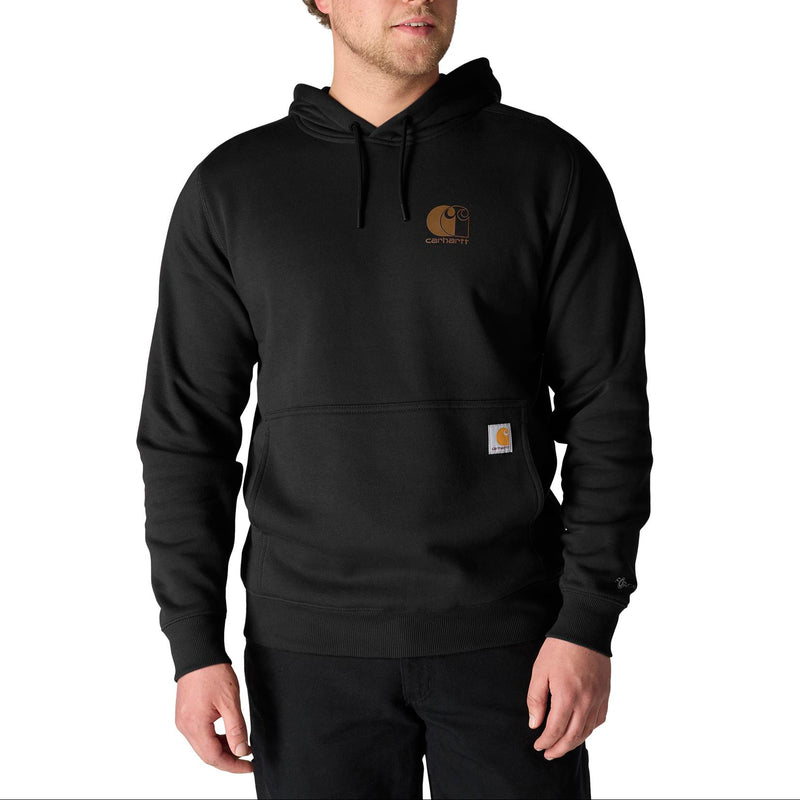 Load image into Gallery viewer, A man wearing a black Carhartt pullover hoodie with a small brown Carhartt logo on the left chest and a signature brown and white brand patch on the front pocket, set against a plain white background.
