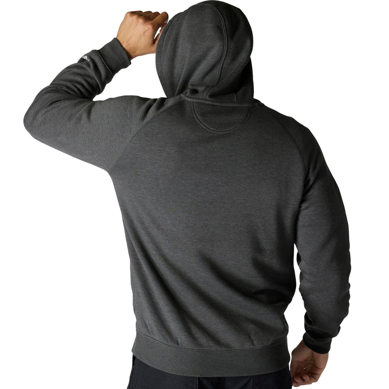 Load image into Gallery viewer, A man wearing a dark gray heather pullover hoodie, shown from the back with his hand on his head, against a plain white background.
