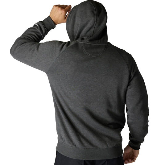 A man wearing a dark gray heather pullover hoodie, shown from the back with his hand on his head, against a plain white background.