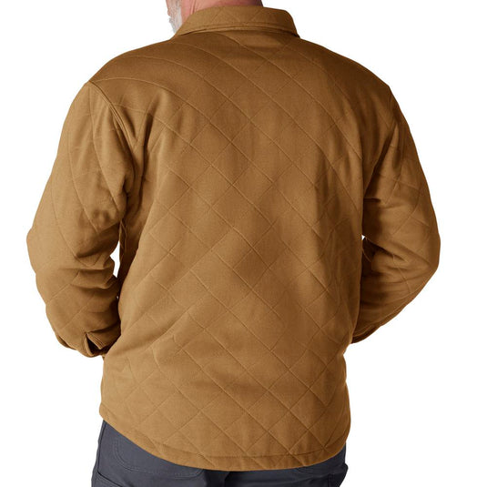 Brown quilted jacket worn by a person on a white background