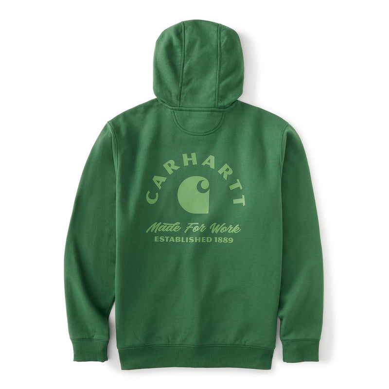 Load image into Gallery viewer, A green Carhartt hooded sweatshirt shown from the back, featuring a light green printed Carhartt logo and text on the upper back, set against a plain white background.
