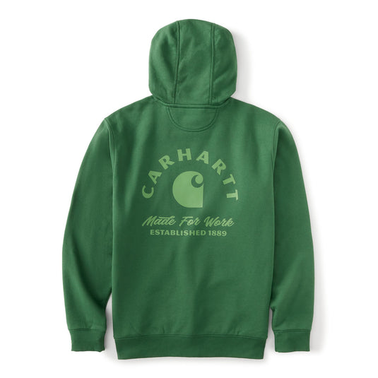 A green Carhartt hooded sweatshirt shown from the back, featuring a light green printed Carhartt logo and text on the upper back, set against a plain white background.