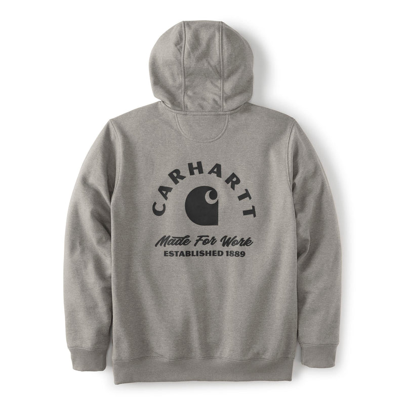 Load image into Gallery viewer, A light gray hooded sweatshirt shown from the back, featuring a black Carhartt logo and text graphic printed on the center back.
