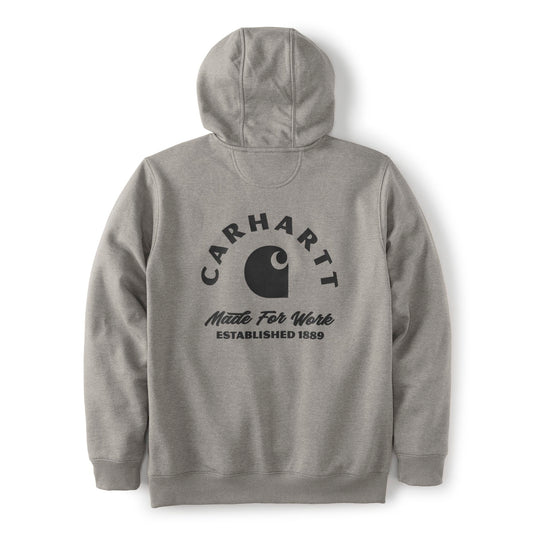 A light gray hooded sweatshirt shown from the back, featuring a black Carhartt logo and text graphic printed on the center back.