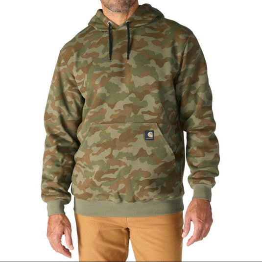 Man wearing a Army Green camouflage hoodie with a visible Carhartt brand logo on the front pocket on a white background